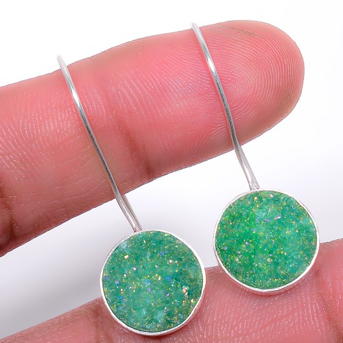 Titanium Green Agate Drusy Silver Handmade Jewelry Earring 1.37″ A331