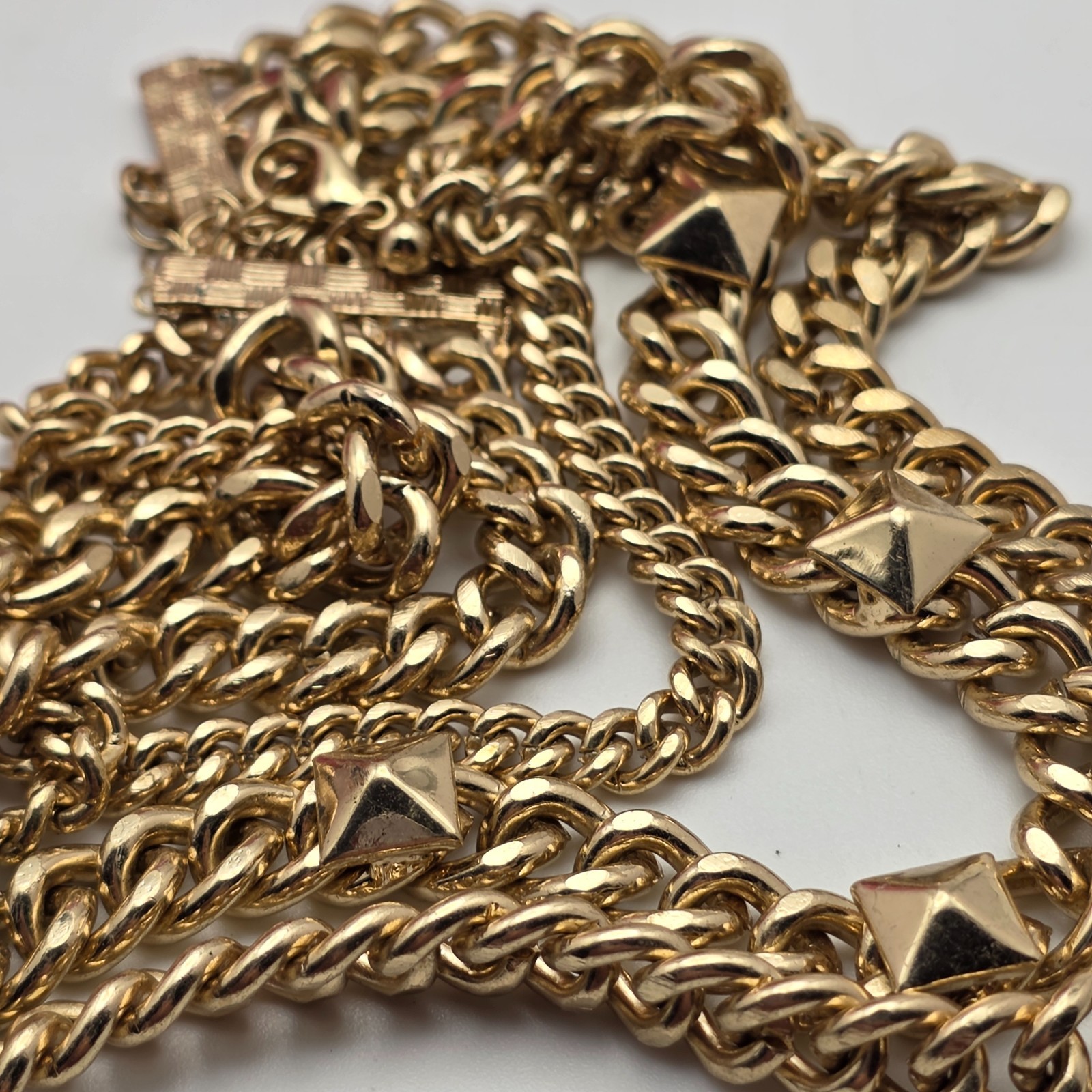 Gold Tone Layered Curb Chain Statement Necklace With Pyramid Studs 19 In
