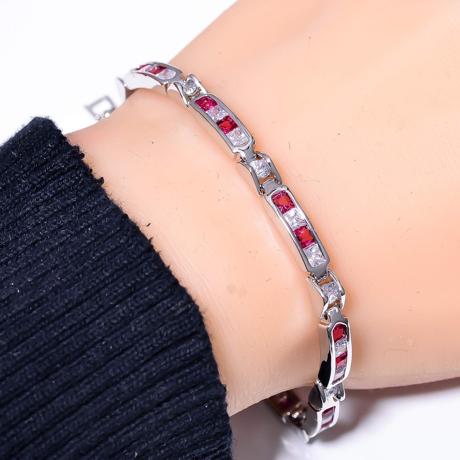 Pink Rubellite Tourmaline & CZ 925 Sterling Silver Tennis Bracelet 7.99″ B068828