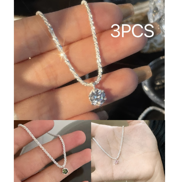 Women’s Silver Sparkling Choker, 3-Pack Diamond Pendants (White/Green/Pink)