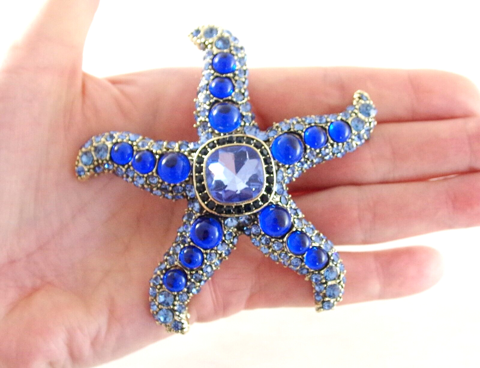 BIG UNSIGNED KENNETH JAY LANE INSPIRED BLUE RHINESTONE GLASS CAB STARFISH BROOCH