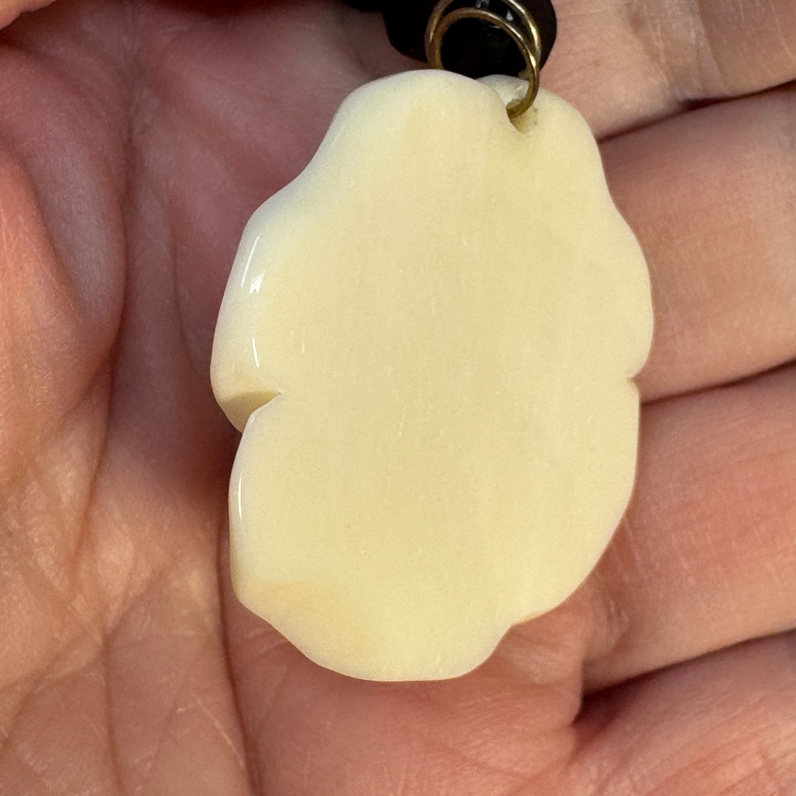 Vintage 60s Black Bicone Bead Necklace Ivory White Carved Resin Rose Pendant Set