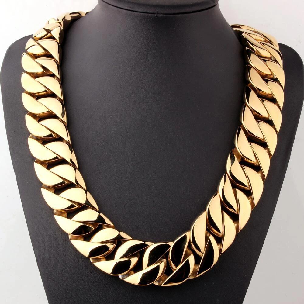 24mm/32mm Heavy Men’s Gold Tone Stainless Steel Curb Cuban Link Chain Necklace