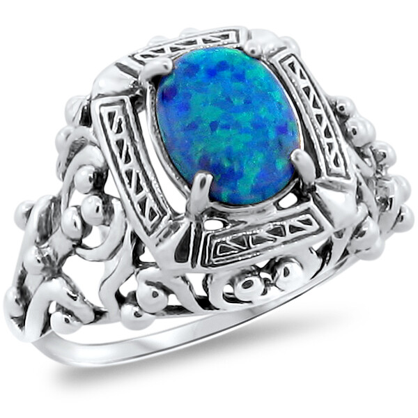 ANTIQUE STYLE 925 STERLING SILVER LAB-CREATED BLUE FIRE OPAL RING 229z