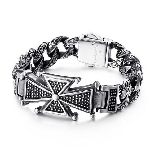 Mens Titanium Steel ID Bracelet Silver Cuban Link Chain Gothic Punk 21.5cm