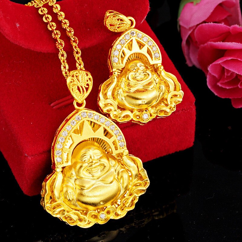 3A zircon inlaid Maitreya Buddha 24K Thai Baht Yellow Gold GP Necklace 18‘’