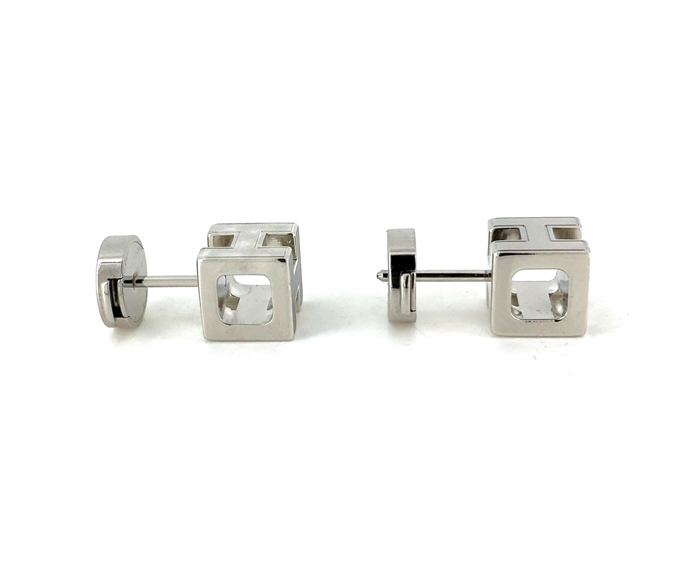 Hermes H Cube Square Stud Earrings Pair Silver Tone Black Enamel