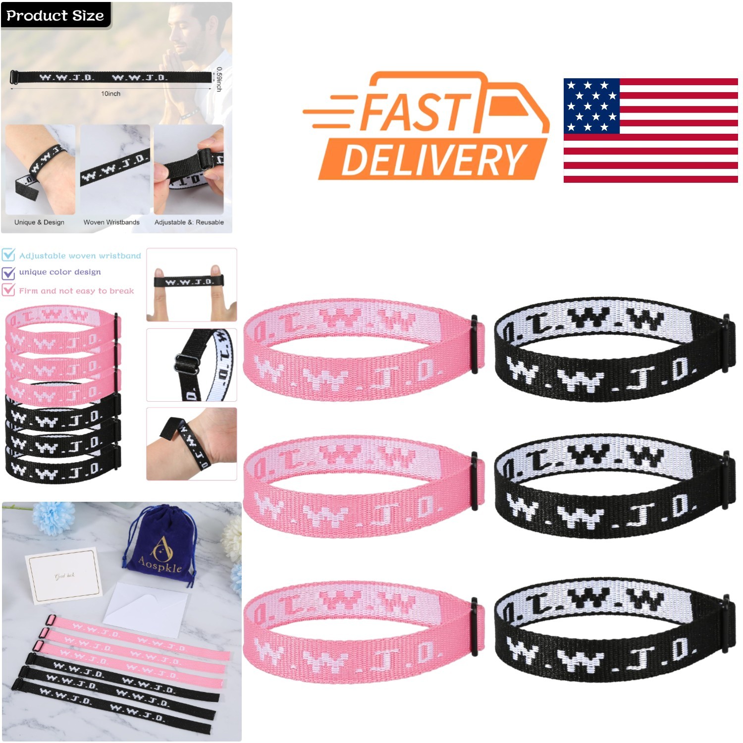 Inspirational WWJD Wristbands 6 Count Black and Pink Silicone for Everyday Wear