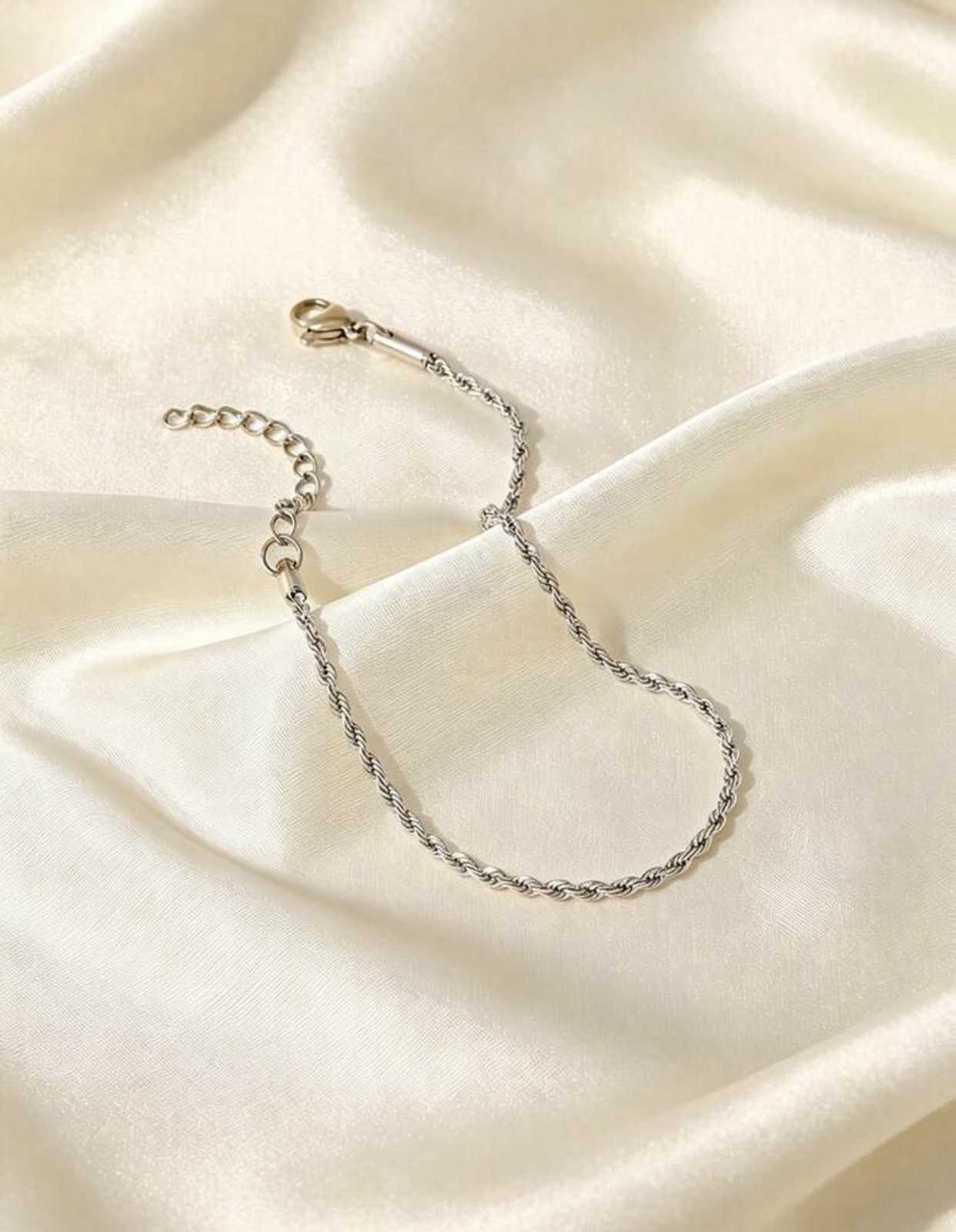 1pc Silver Twister Rope 304 Stainless Steel Anklet Non- Fading Adjustable
