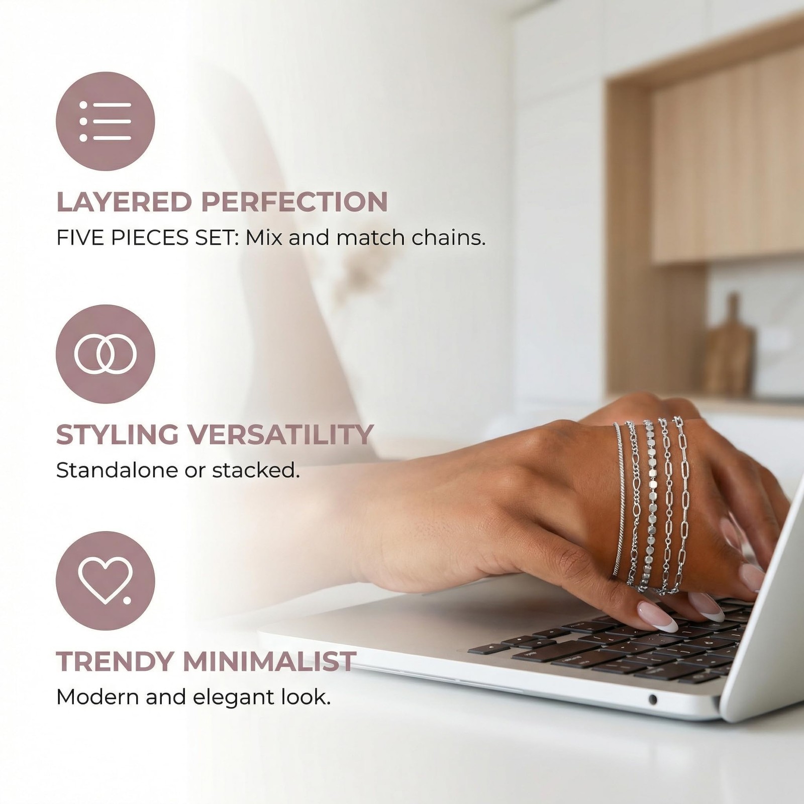 Silver Bracelet Set – Dainty Silver Bracelets for Women, 5 Packs, Waterproof Wom