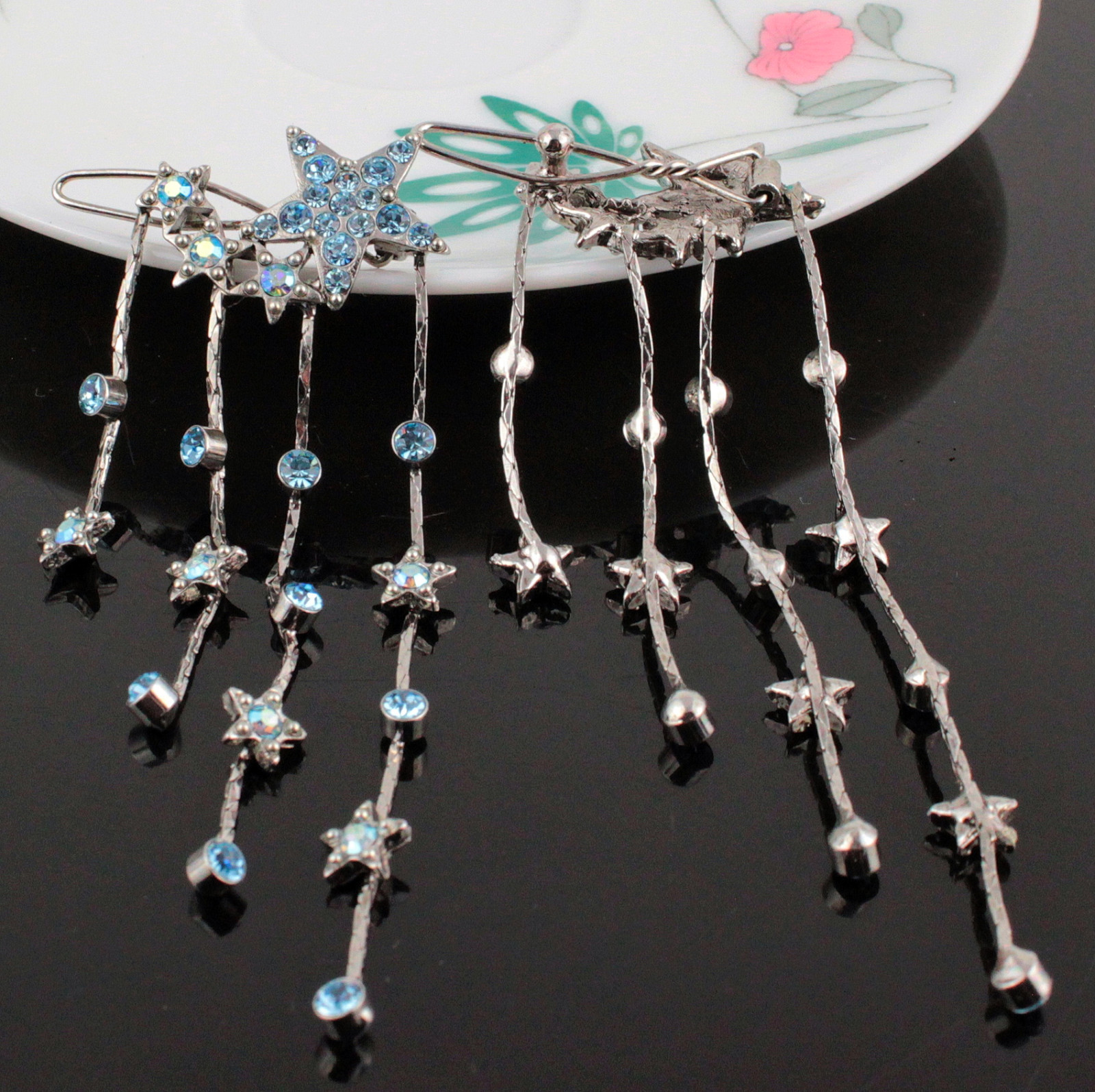 2pcs Dangle Stars Icy Blue Austrian Crystal Rhinestone Hair Barrette Clips B174