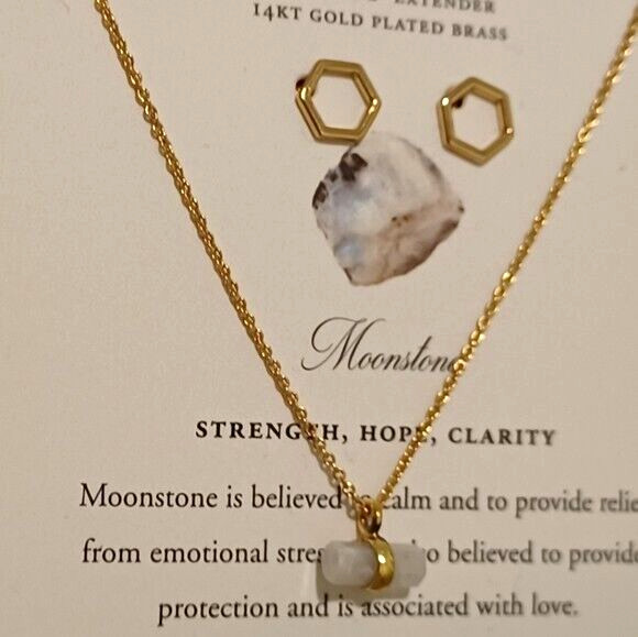 Luna Norte Necklace Stud Earrings Set Moonstone Pendant/Hexagon 14K Gold-Plated