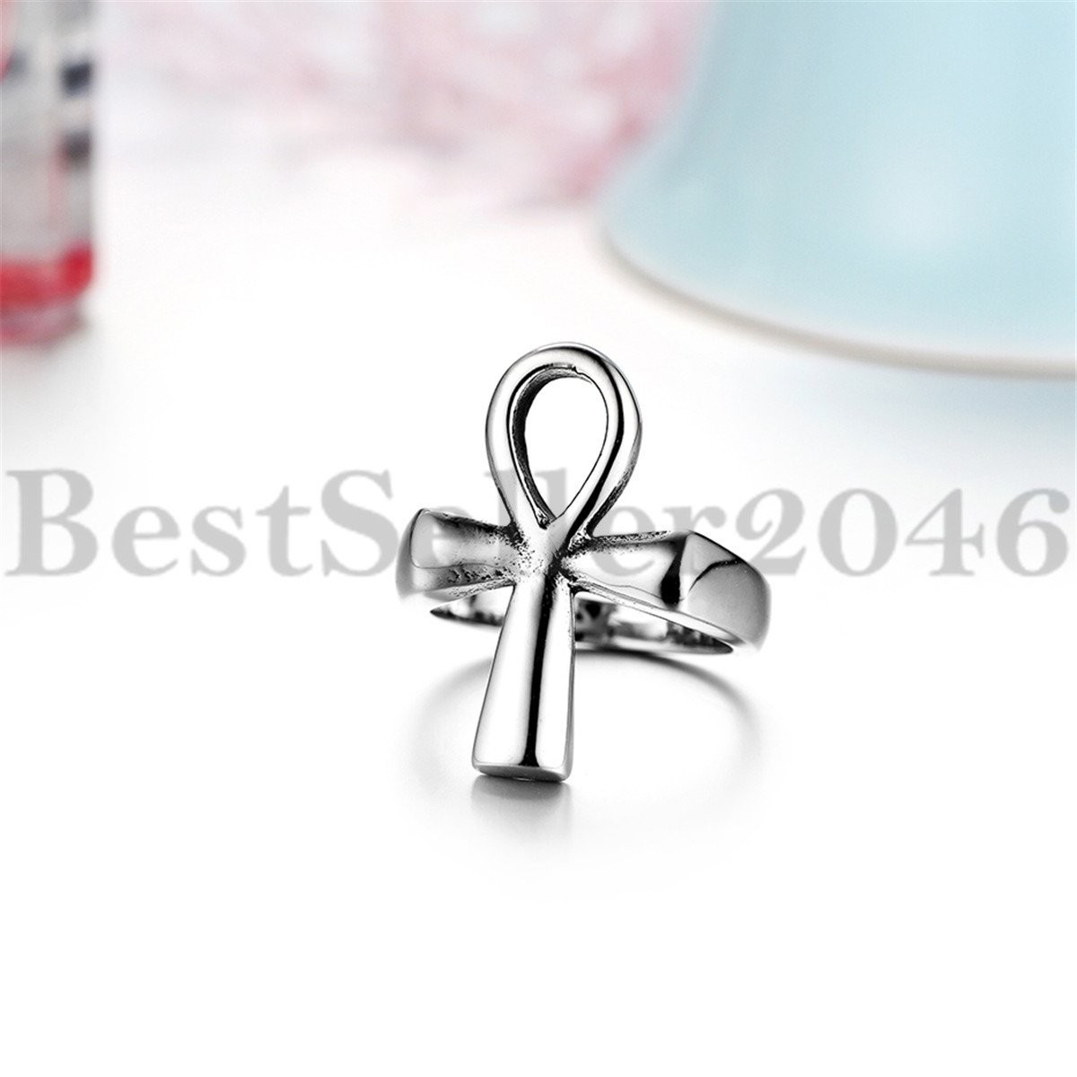 Men Women Egyptian Ankh Cross Ring Polish Stainless Steel Band Size 6-10