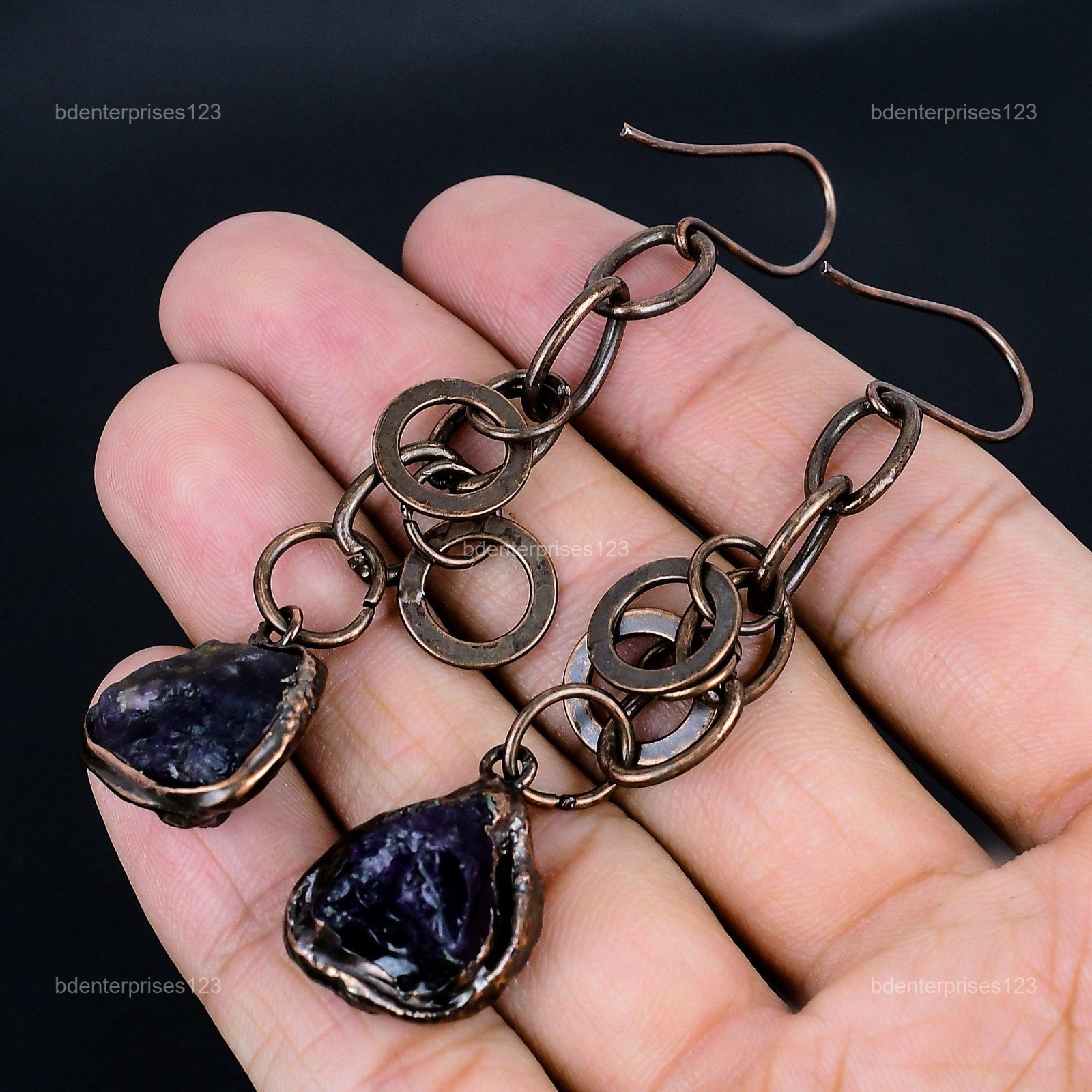 Pentagon African Amethyst Rough Gemstone Dangling Electroformed Earrings Copper