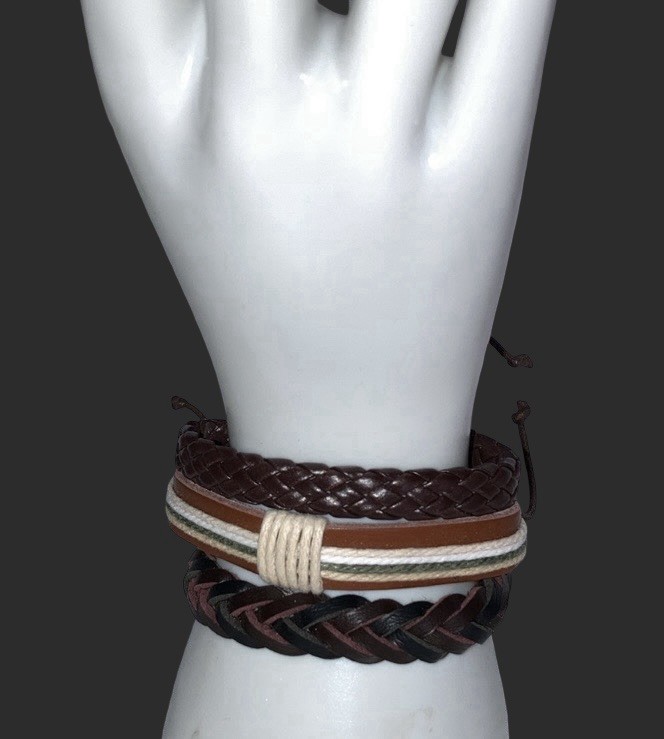 3 Pc Unisex Men Women Braided Weave Faux Leather Layered Stackable Bracelet NWOT