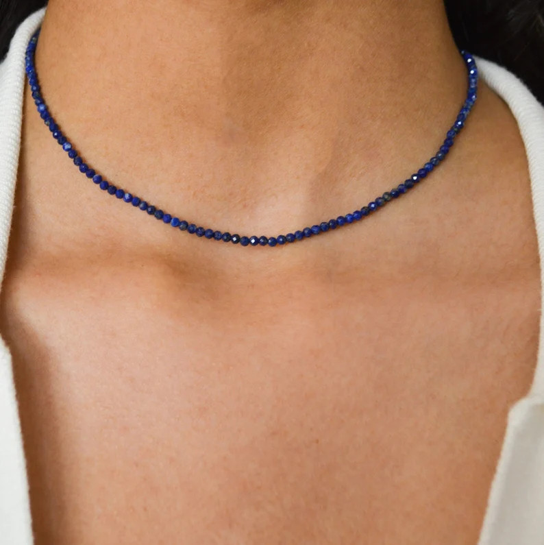 Lapis Lazuli 2mm Tiny Beaded Choker Healing Dainty Women Crystal Necklace Gifts