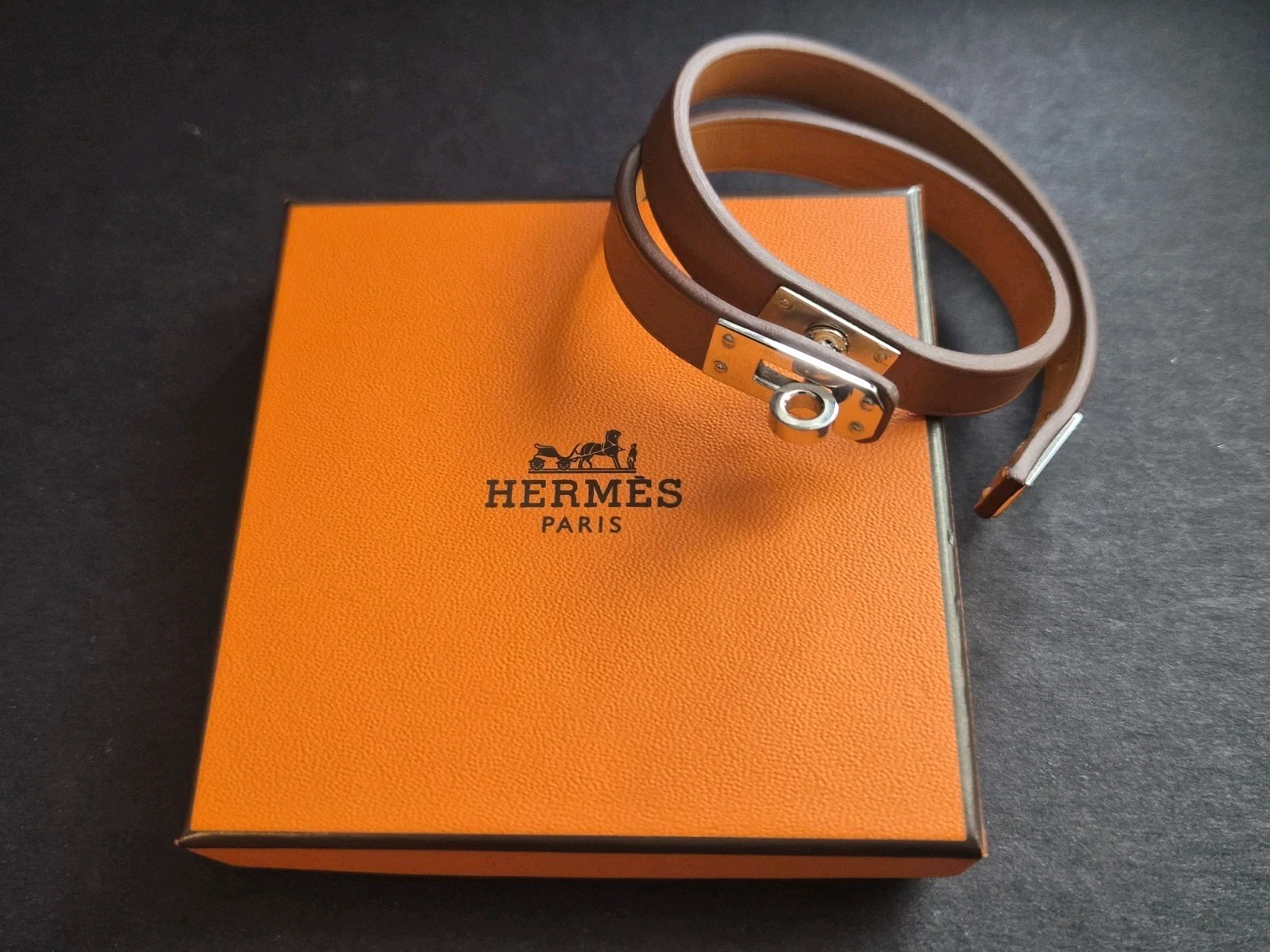 Hermes Mini Kelly Double Tour Leather Bracelet Palladium Plated Lock T3 Box