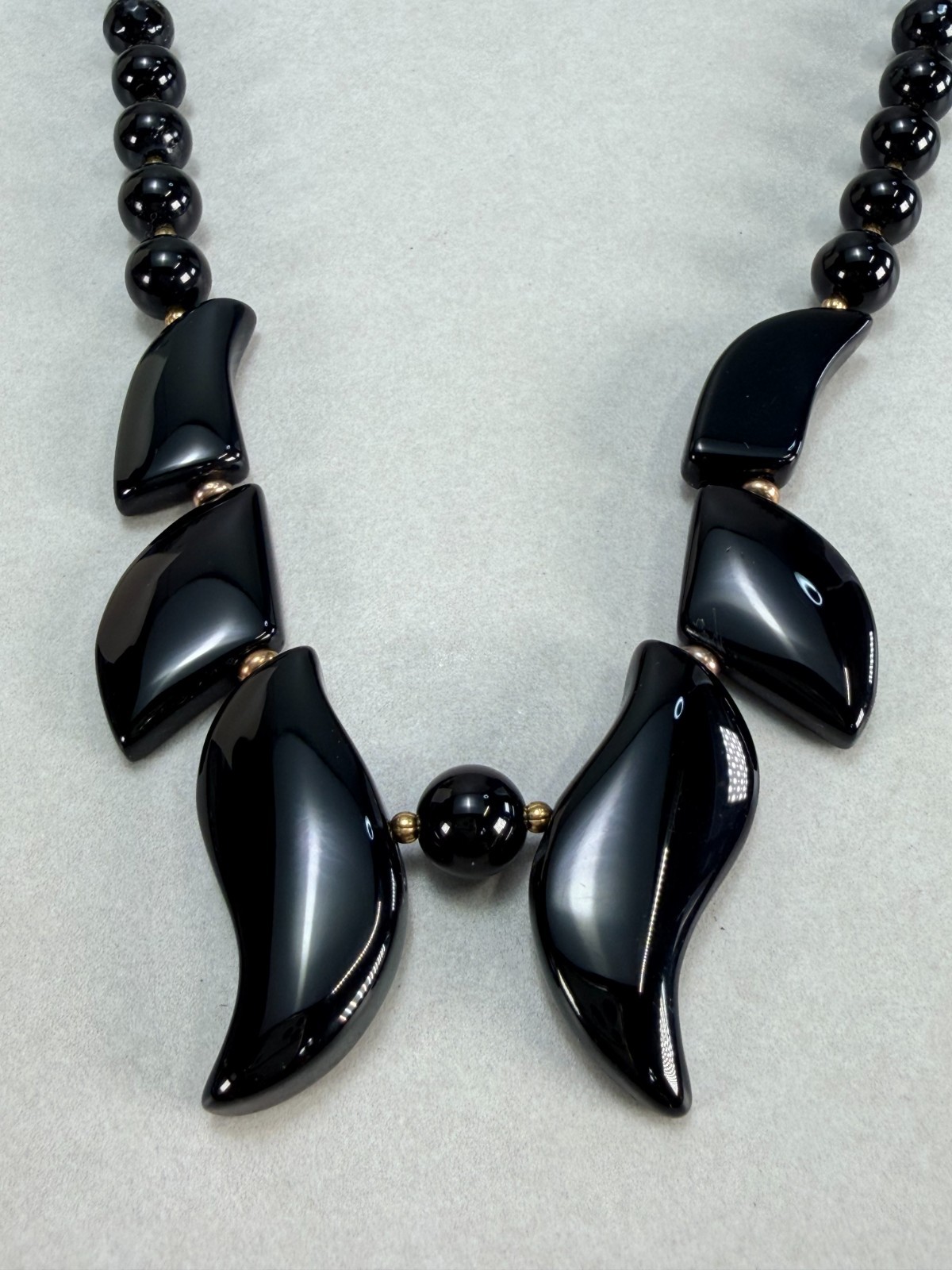 Vintage Black Onyx Smooth Collar Necklace Statement Beaded Gold Tone