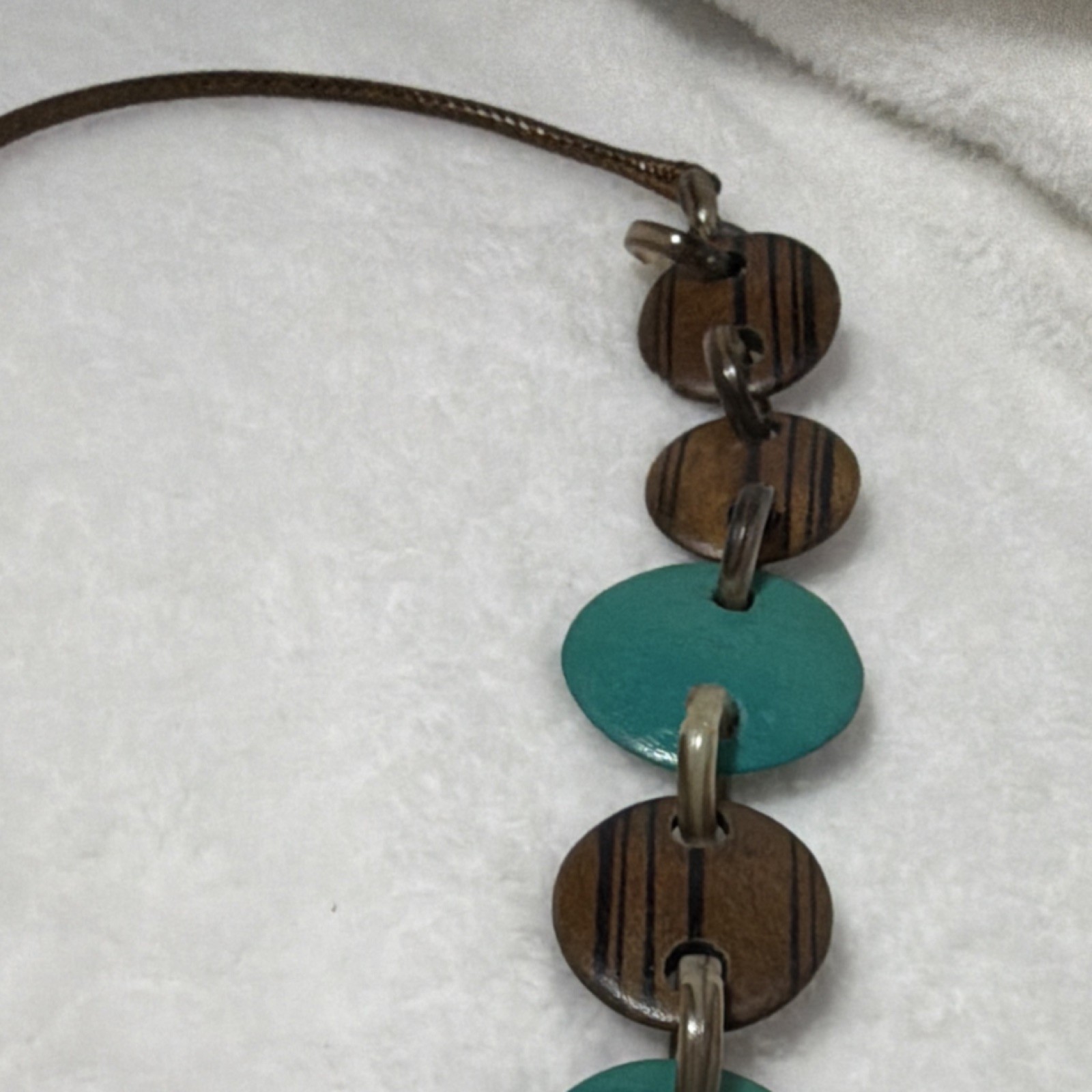 Blue Brown Beaded Statement Necklace Wood Resin Adjustable Lobster 19-24 in