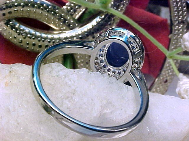 Genuine Blue Star Sapphire Ring 8x6mm & Blue Topaz 925SS White Gold Finish Sz 10