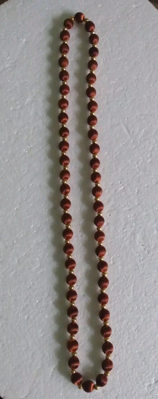 3 Necklaces Made W/ Silk Satin Thread Over Round Beads 28″ In Teal, Navy & Brown