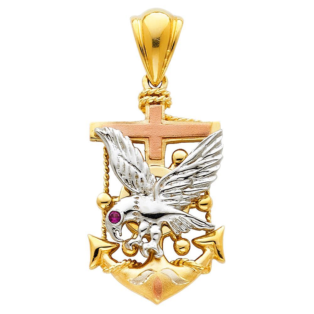 14K Tri Color Gold Eagle Anchor Charm Pendant &4.9mm Hollow Cuban Chain Necklace