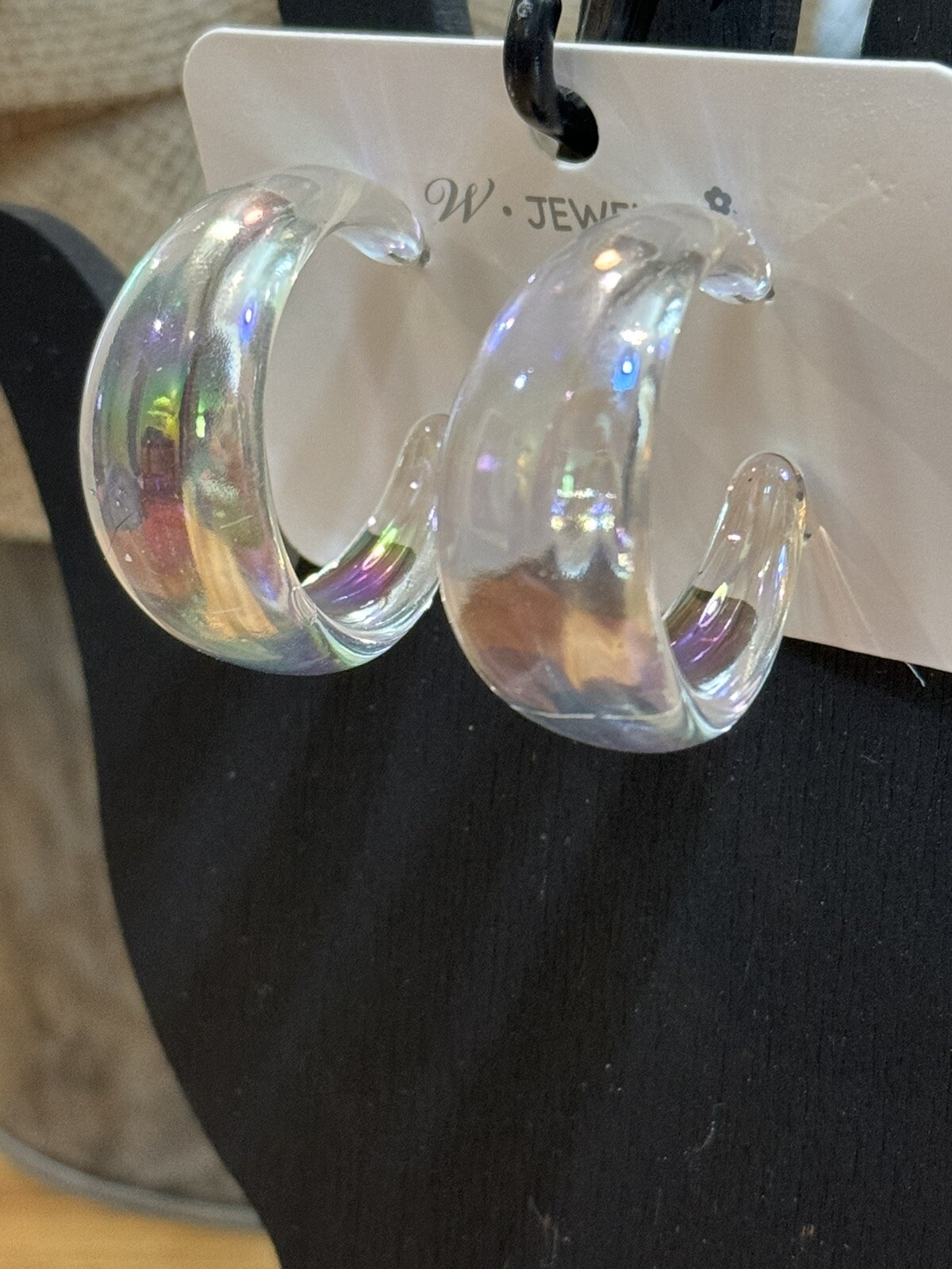 Beautiful Trendy Iridescent Clear C-Shaped Large Acrylic Hoop Earrings BNWTs