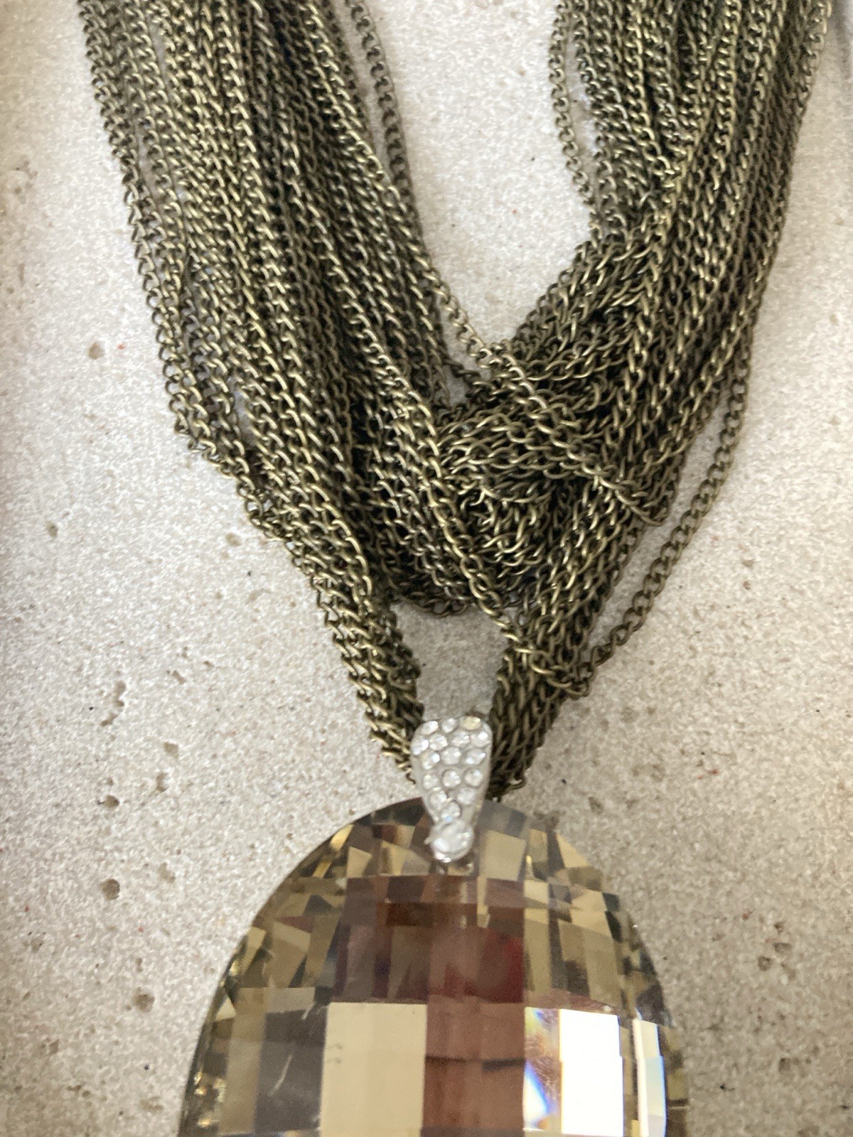 Bronze Tone Multi Strand Chain Necklace Large Champagne Faux Gem Pendant Bold