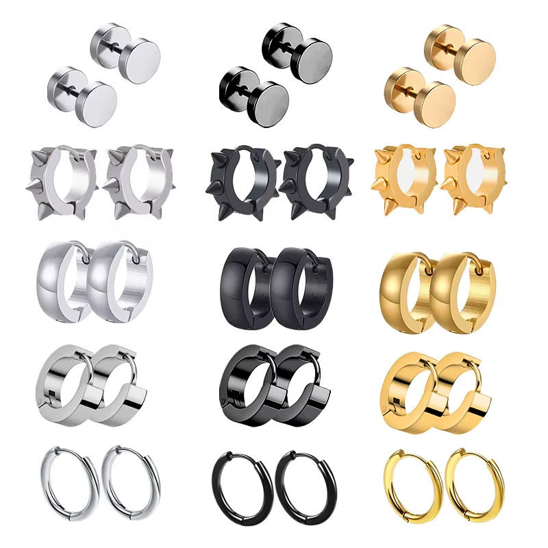1 Pairs Multi Types Unisex Black Gold Color Stainless Steel Earring for Women Me
