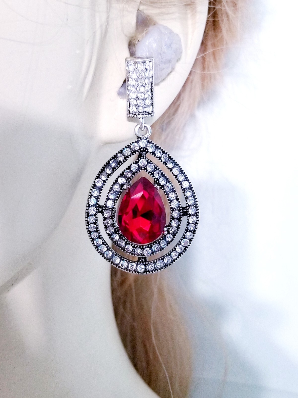 Bridesmaid Drop Dangle Chandelier Earrings 2.4 in Red Rhinestone Pageant Prom