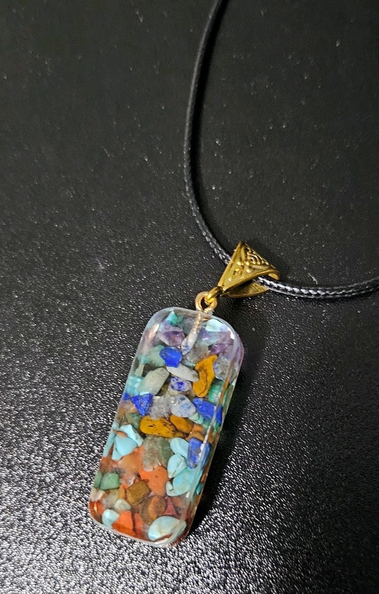 Multicolor Resin & Stone Rectangle Charm Pendant Necklace, Adjustable Cord