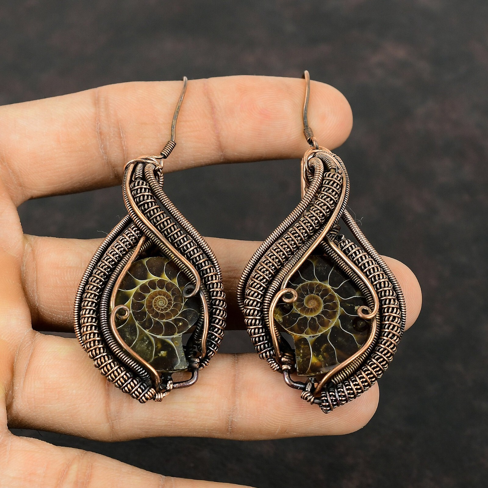 Gift For Her Ammonite Fossil Wire Wrapped Earrings Copper Jewelry 3.11″