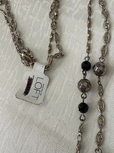 Ann Taylor LOFT 29” Double Chain Silvertone Filigree Necklace with Locket, 1.75″