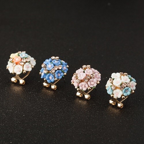 Beautiful S925 Silver Ceramic Small Flowers Earrings English Lock e000035