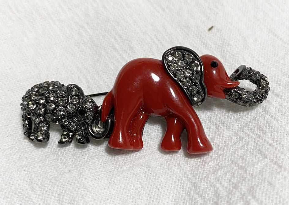 MARION GODART Paris Broche Éléphant Brooch Rouge Small Red Resin Rhinestone VTG