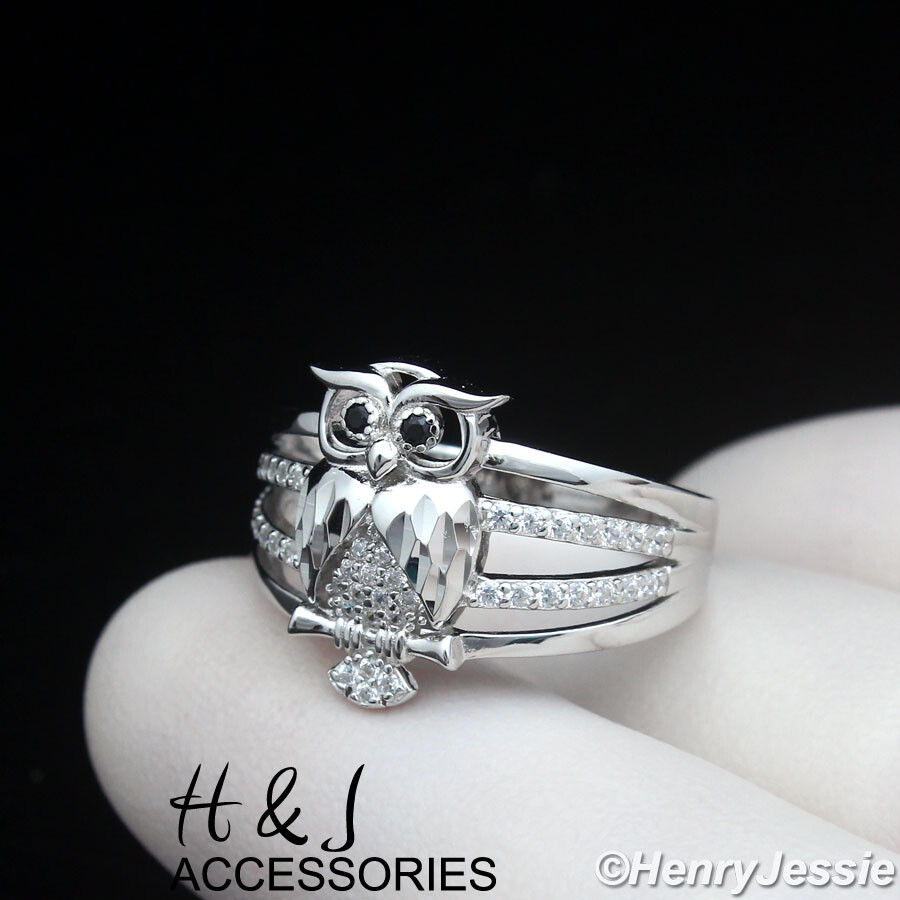 WOMEN SOLID 925 STERLING SILVER ICY BLING CZ 3D OWL BIRD BAND RING*SR221