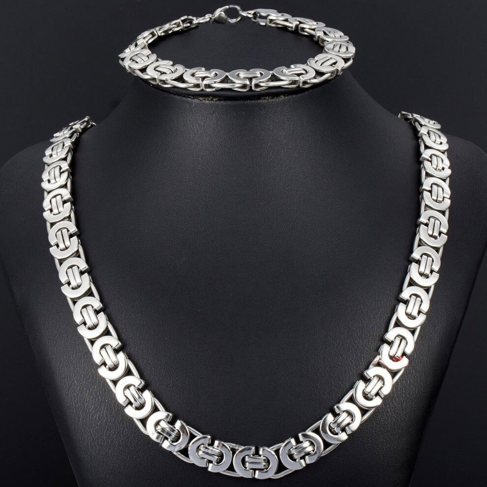 Hot Mens Jewelry Silver Stainless Steel Byzantine Chain Necklace & Bracelet Set