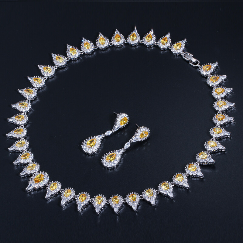 Yellow Topaz Cubic Zircon Round Choker Necklace Dangle Drop Earrings Jewelry Set