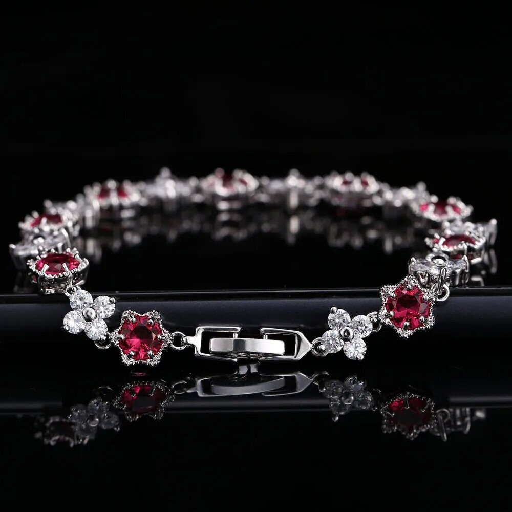 Silver Plated Cubic Zircon Green Flower Star Charm Bracelet Women Party Jewelry