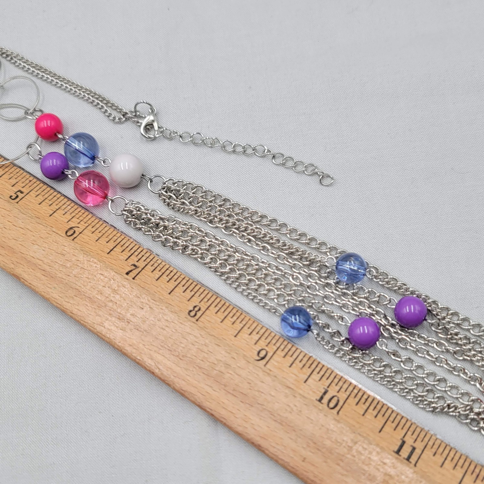 Purple Pink Blue Bead Layered Necklace Silver tone 30 in Long