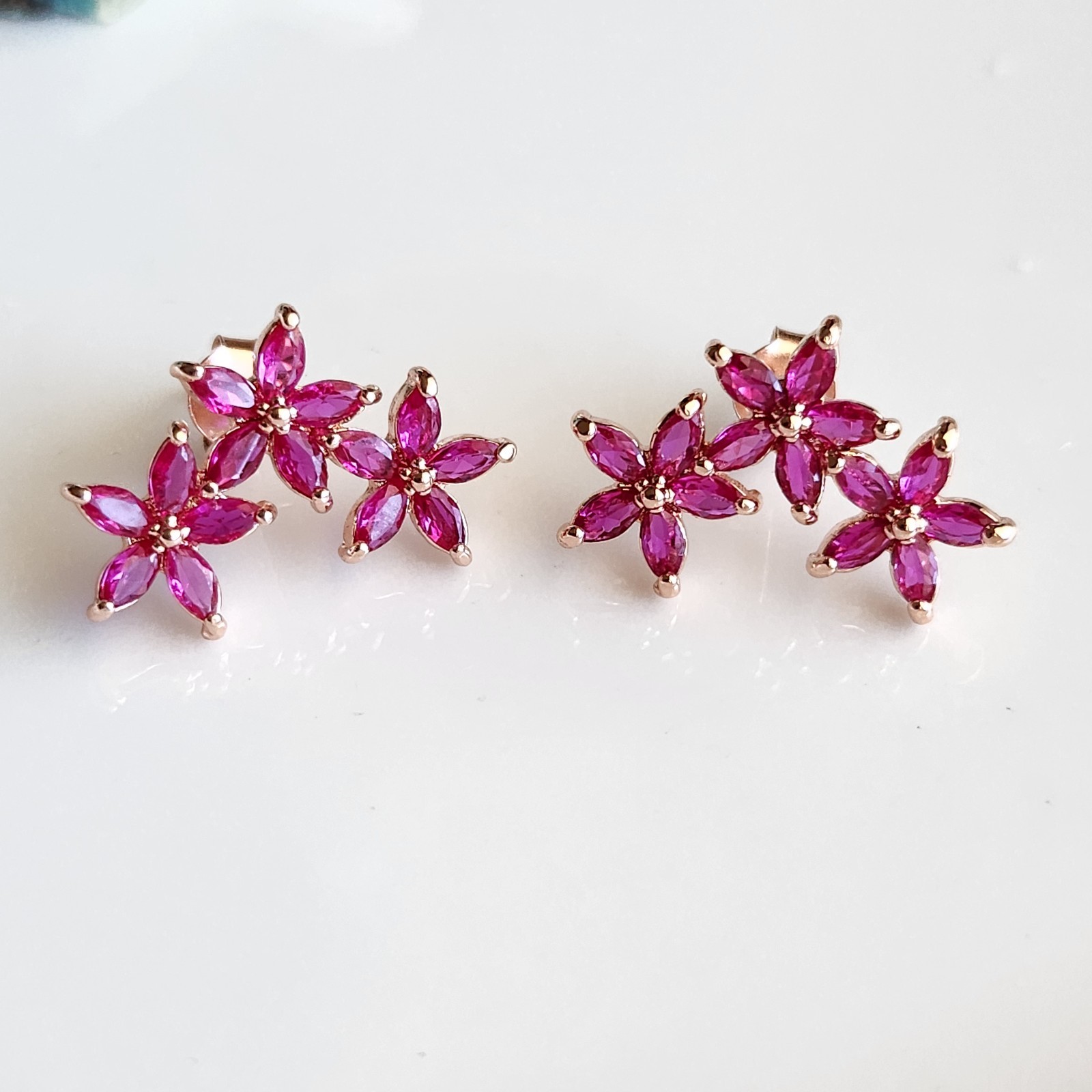 925 Sterling Silver 2x3mm Ruby Cluster 3/4” Earrings Gemstone Rose Gold-Plated