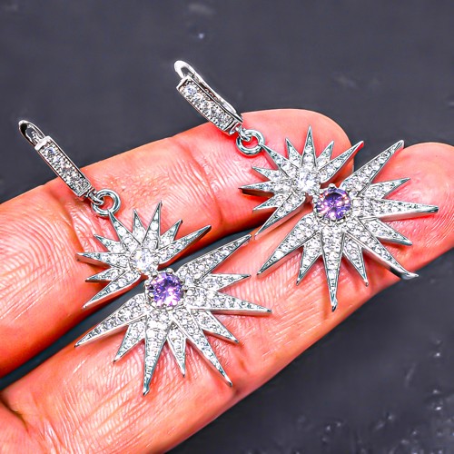 Amethyst & White Topaz 925 Silver Plated Earring 0.66″ E6217-506