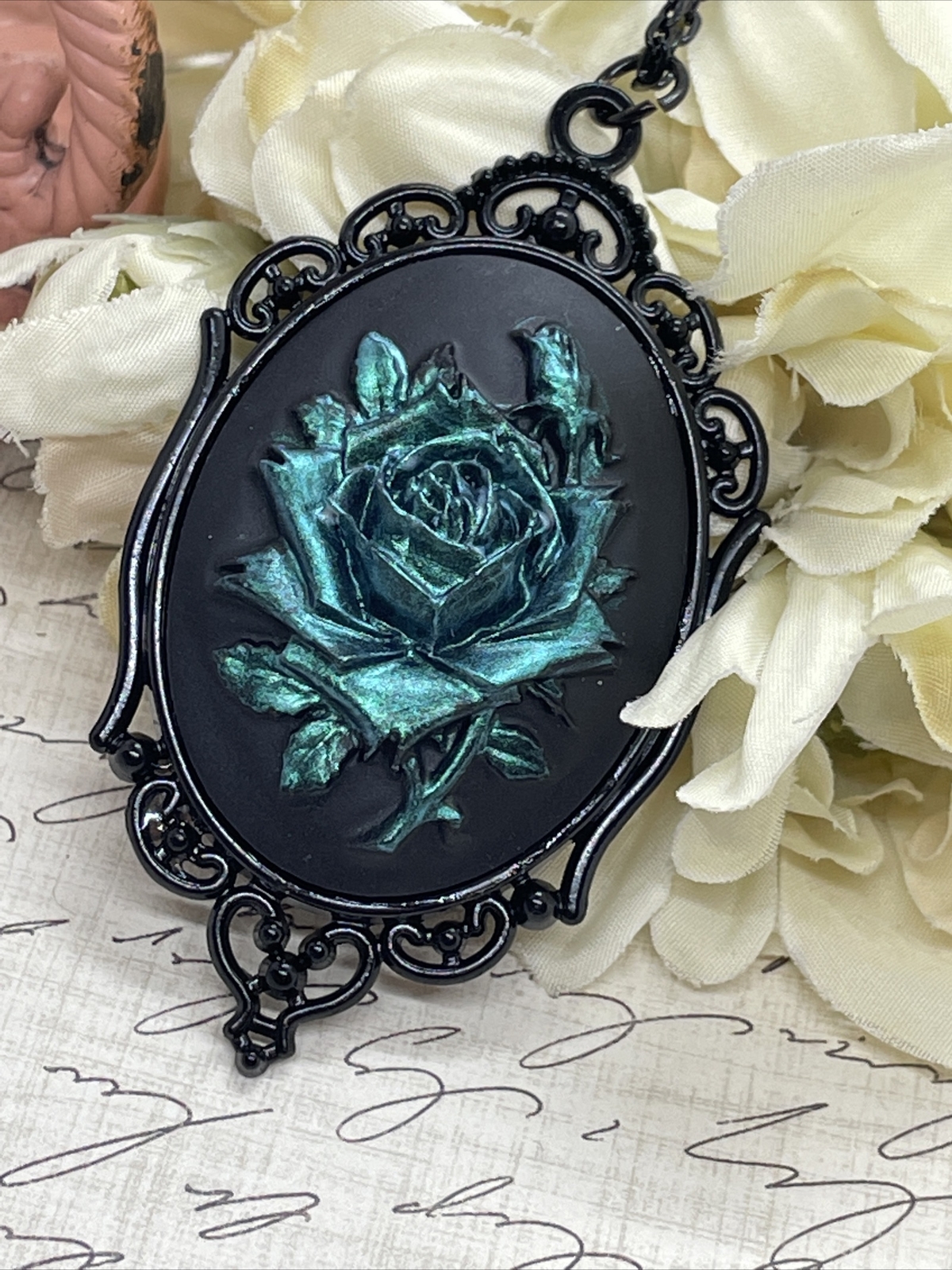 Teal Iridescent Rose Gothic CHRISTMAS Cameo Green Necklace Pendant Victorian