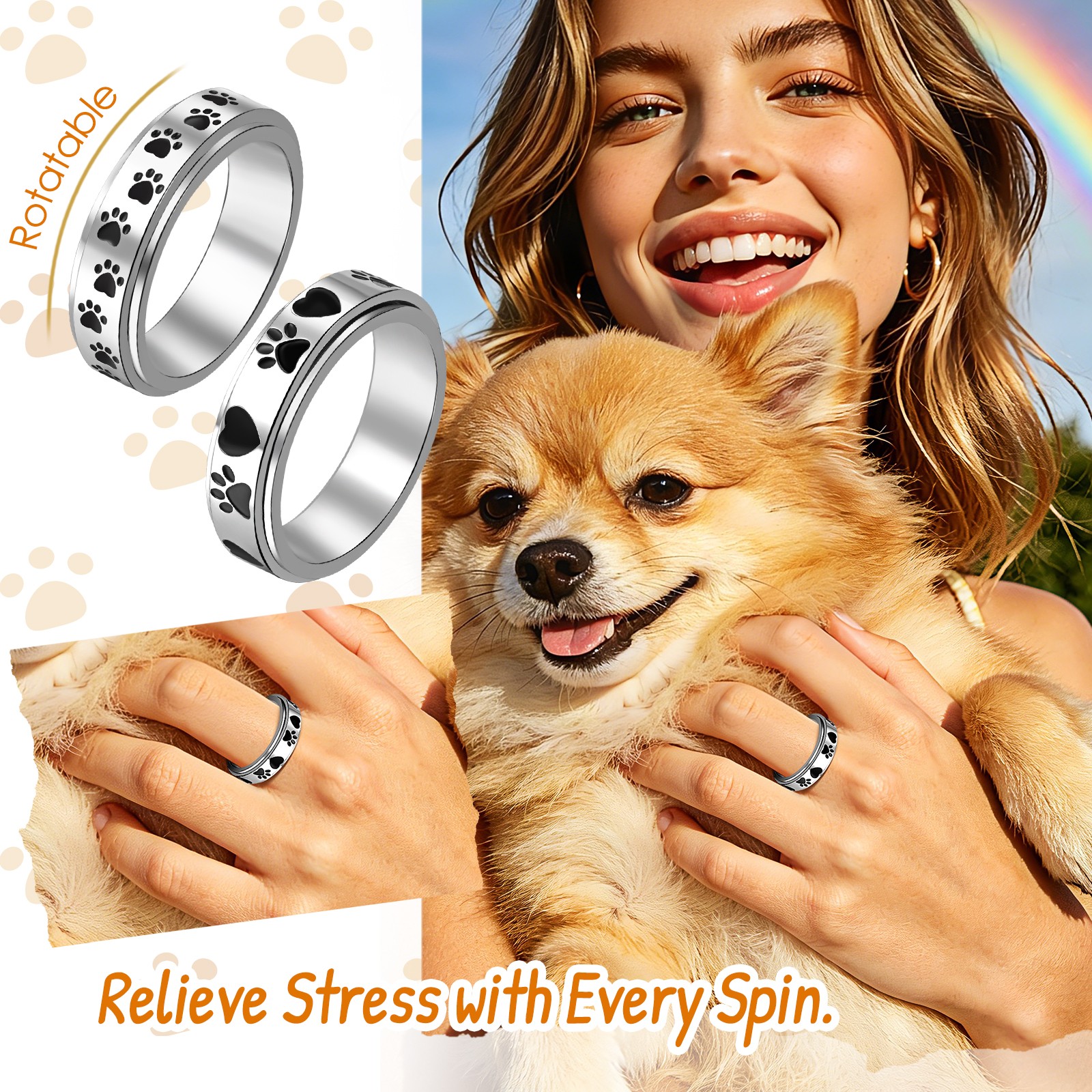 Womens Pet Paw Print Stainless Steel Anxiety Spinning Ring Pet Lover Gift Ideal