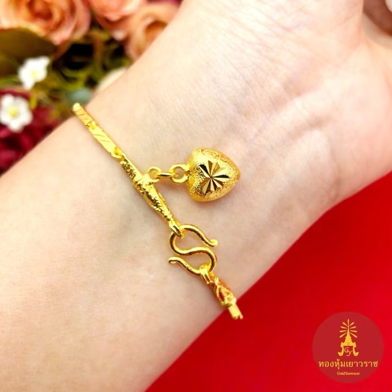 Heart Charm 22K 23K 24K THAI BAHT YELLOW GOLD Bracelet Jewelry Women 6.8in