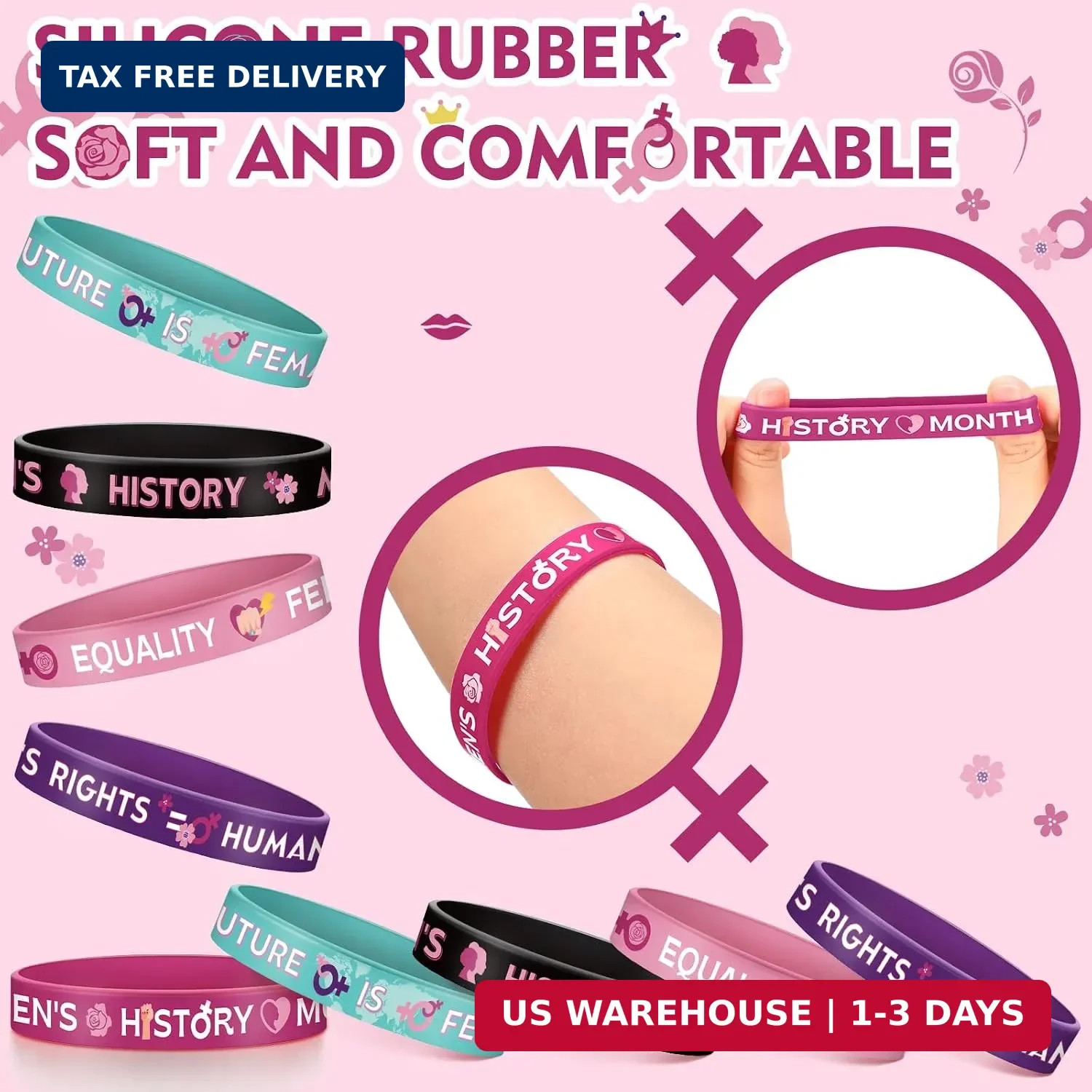 50 Pcs International Women’s Day Gifts Silicone Bracelet Bulk Women’s History Mo