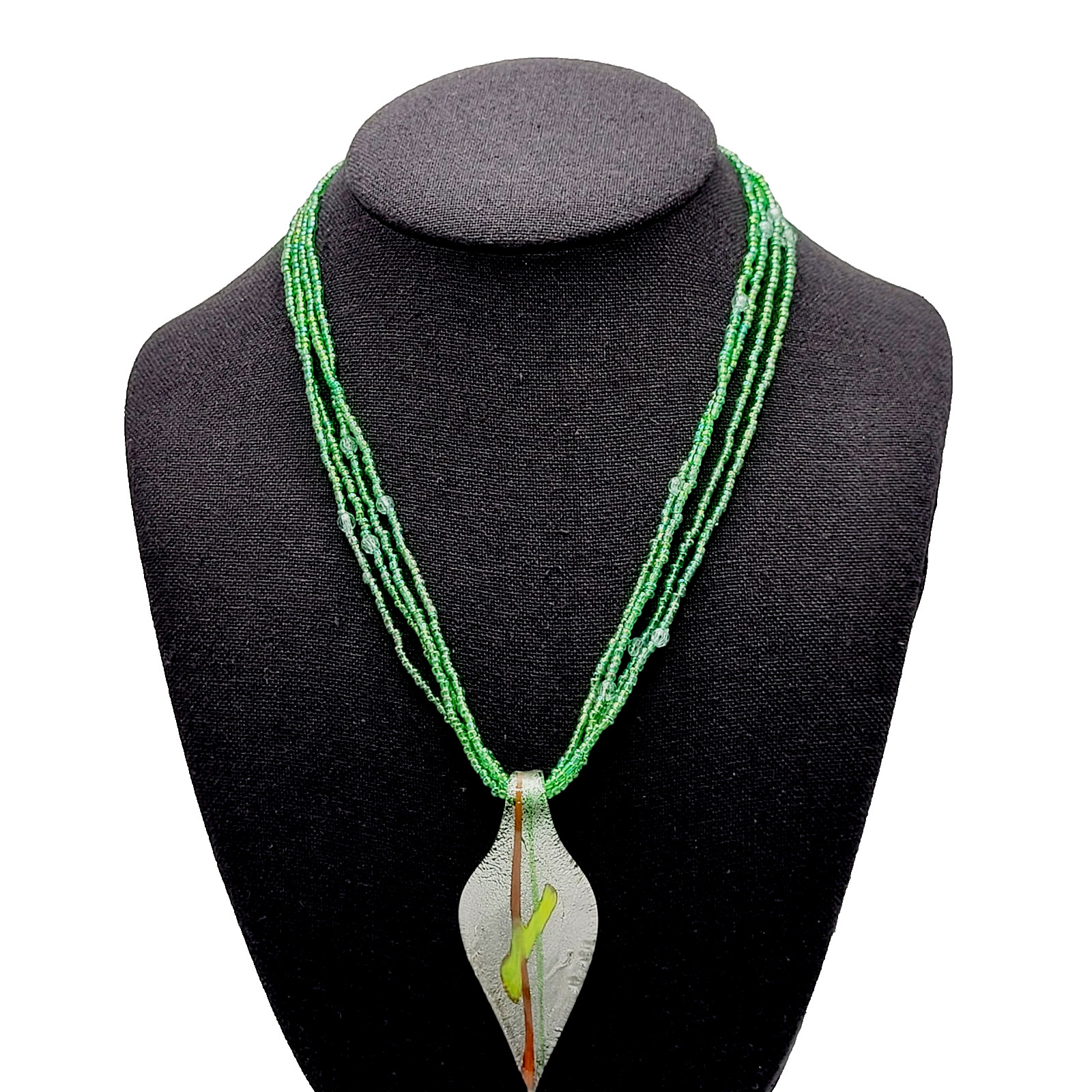 Green Art Glass Pendant Iridescent Seed Bead Multi Strand Necklace Vtg Y2K Era