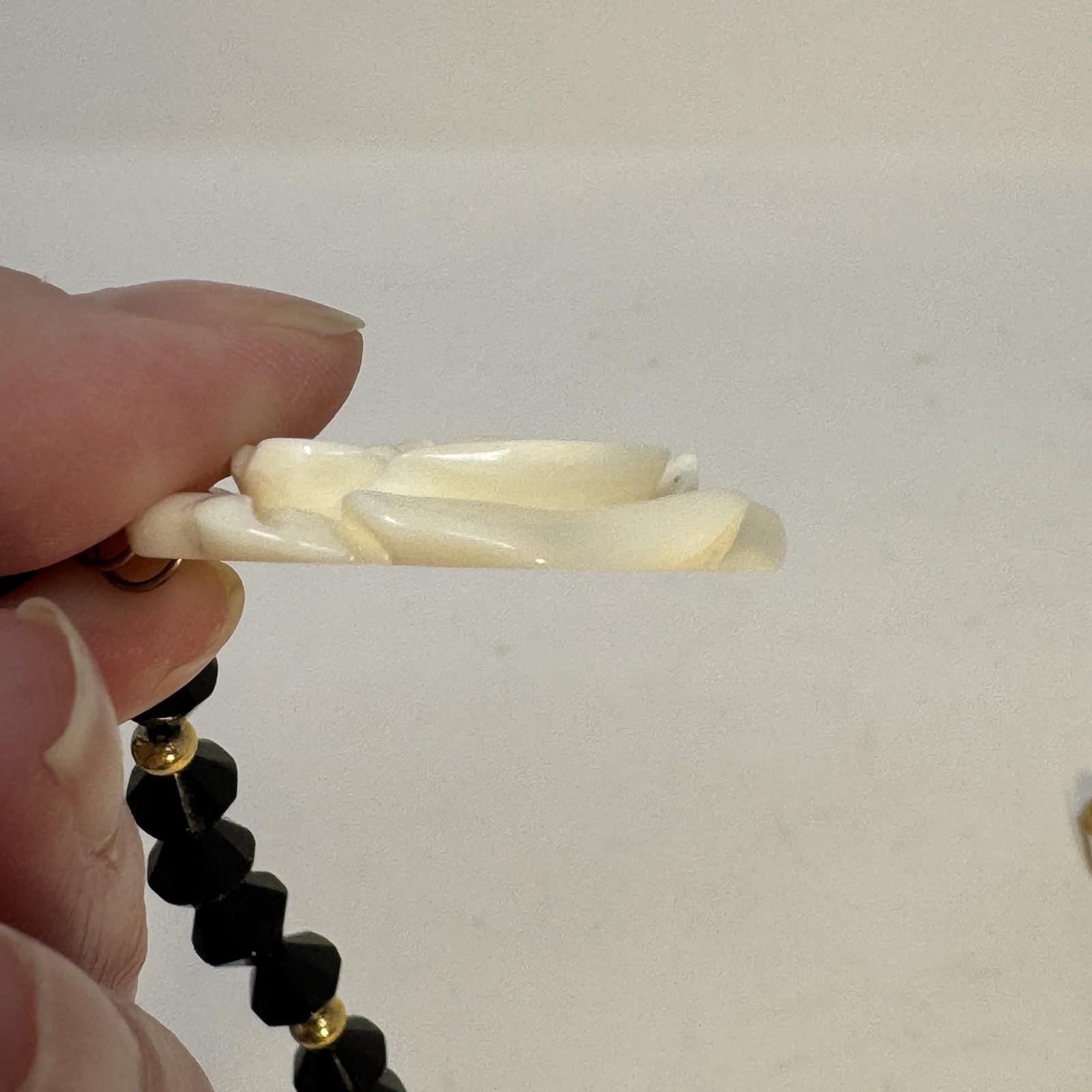 Vintage 60s Black Bicone Bead Necklace Ivory White Carved Resin Rose Pendant Set