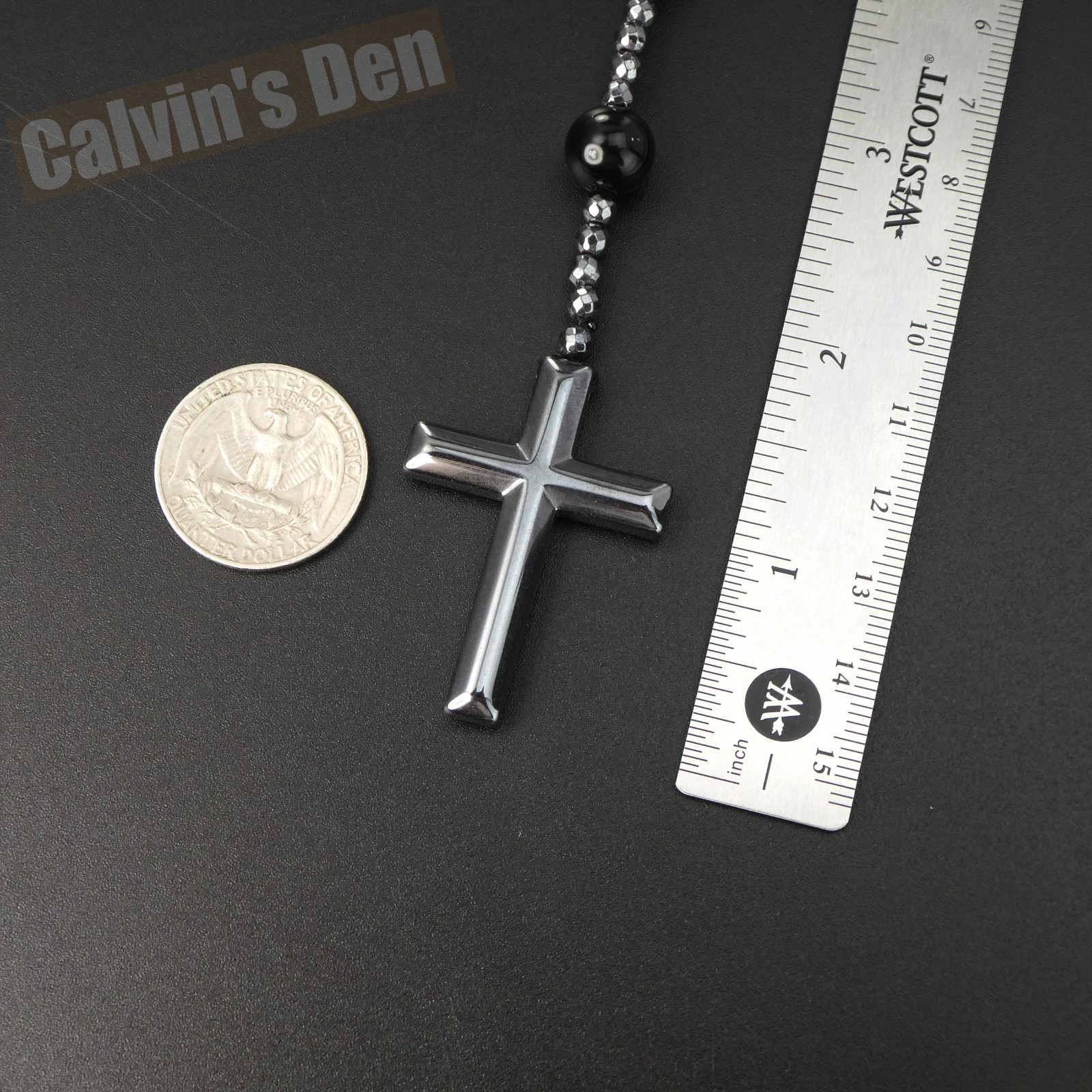 Brown Agate Black Onyx Bead Black Hematite Cross Rosary Necklace Man Women Gift