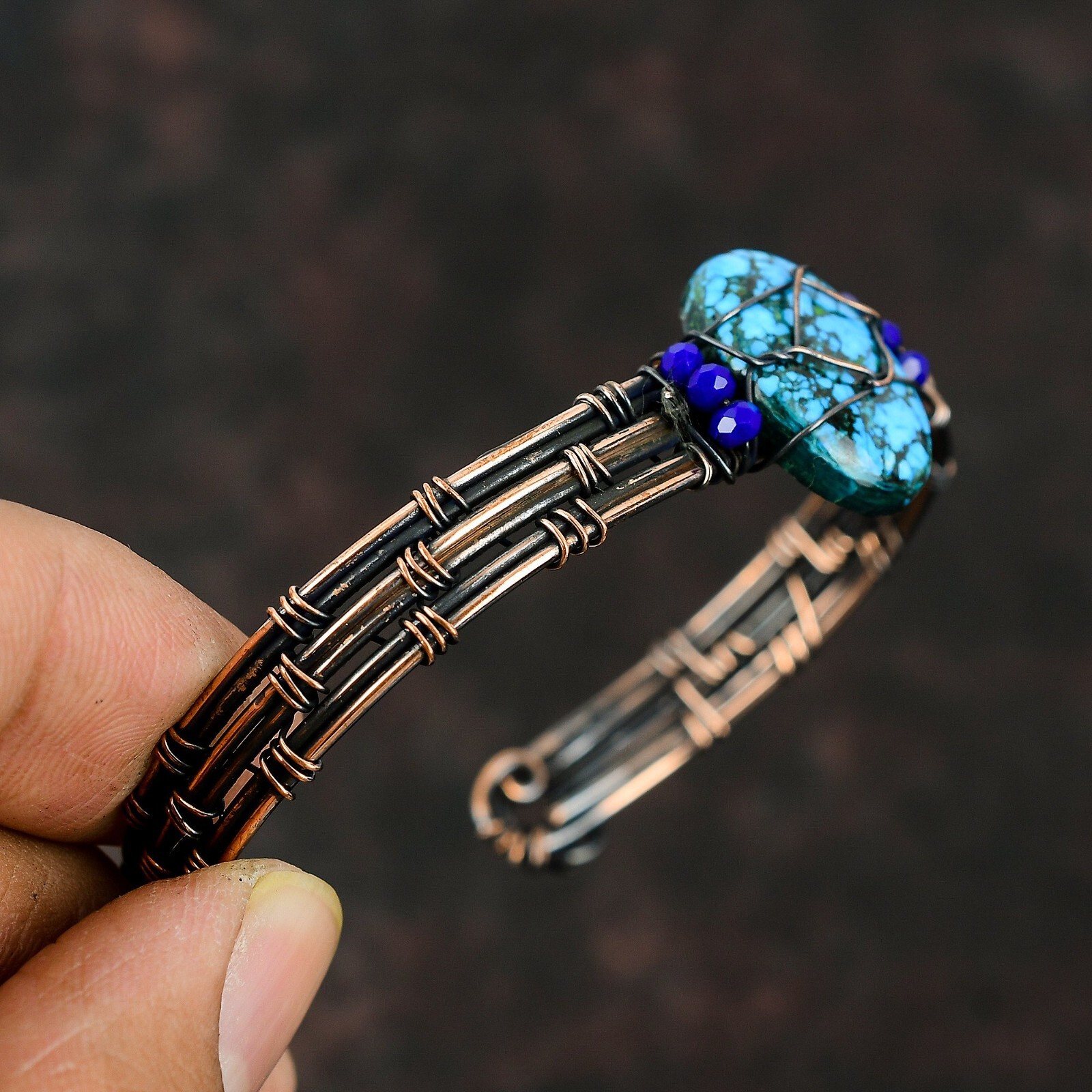 Tibetan Turquoise Copper Mother Gift Wire Wrapped Adjustable Bangle